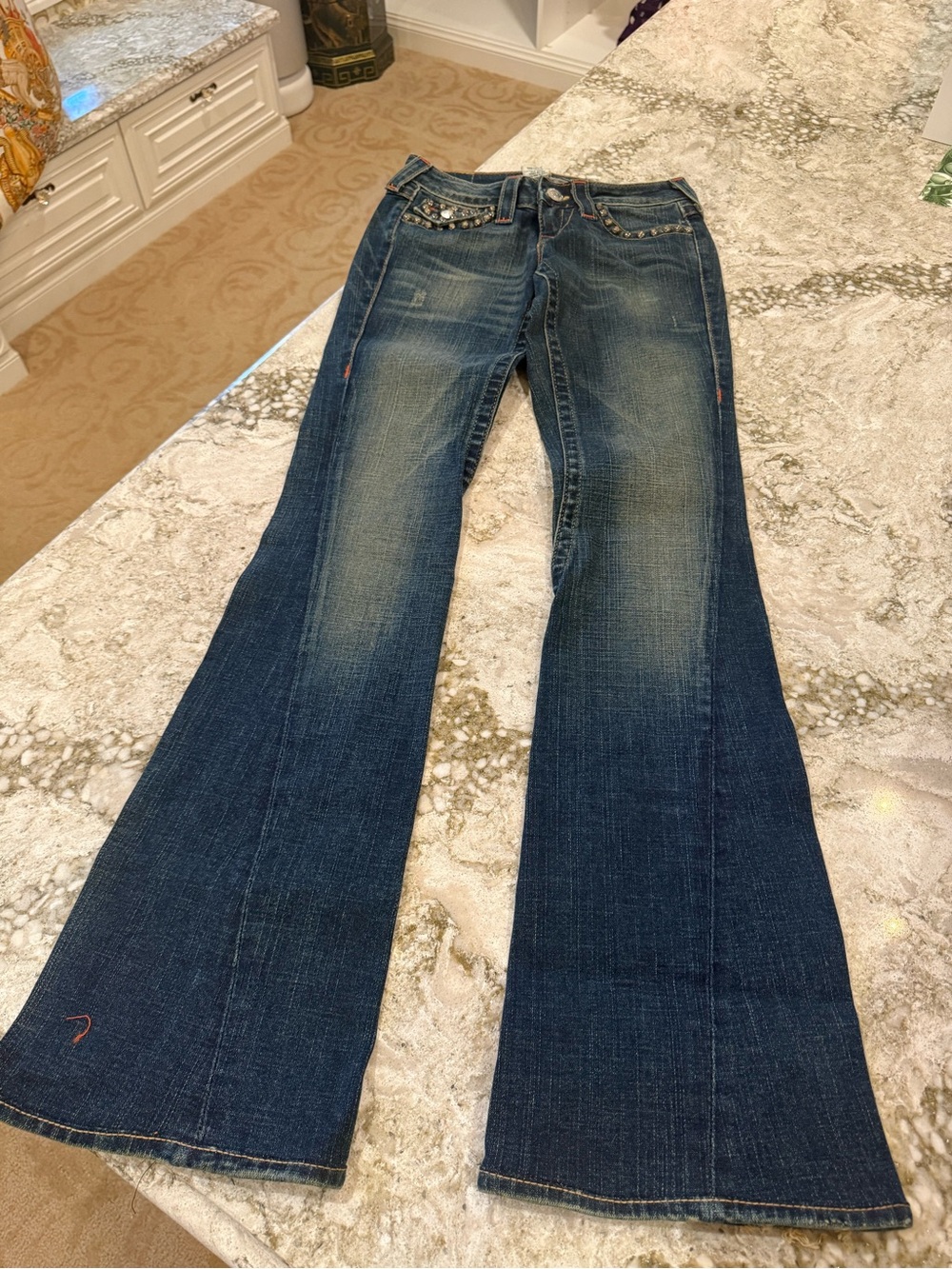 True Religion Dark Blue Flare Jeans with Studded Pocket Detail